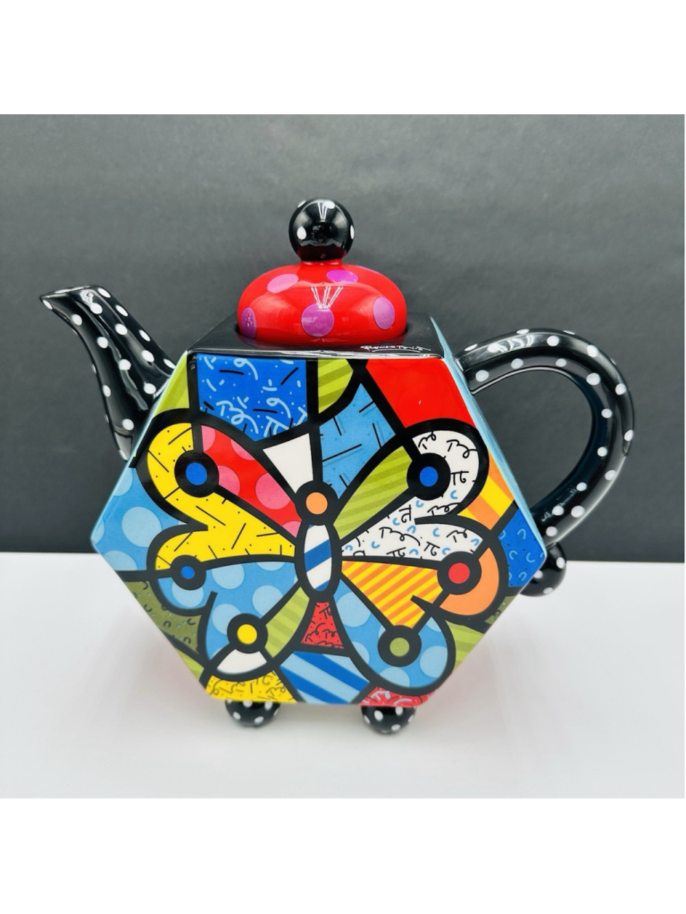Romero Britto Butterfly Teapot 2009 Signed Ceramic Whimsical Artsy 9.5” x 8”